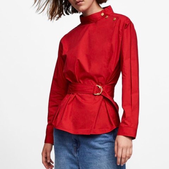 Zara Tops - ZARA Basic Red Belted Button Neck Tunic